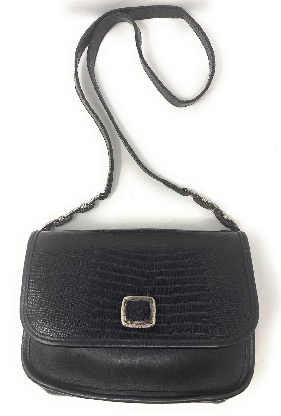 BRIGHTON Black Leather Crossbody Silver Chain Buckle Link Strap Bag Purse U.S.A